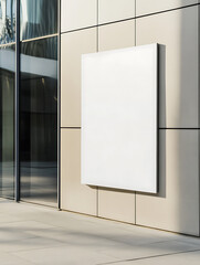Blank billboard attached to the wall of a modern building, offering a canvas for artistic expression or advertising, set in a contemporary urban environment.