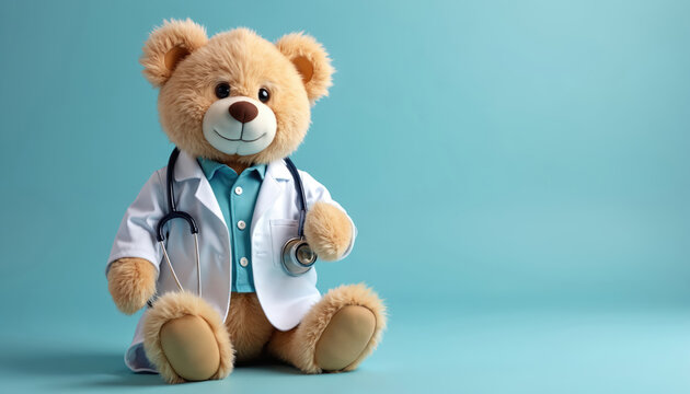 Teddy bear wears doctor coat. Plush toy holds stethoscope on light blue background. Doctor bear cute, furry. Concept for pediatric healthcare, medical professions, kids health themes. Animal