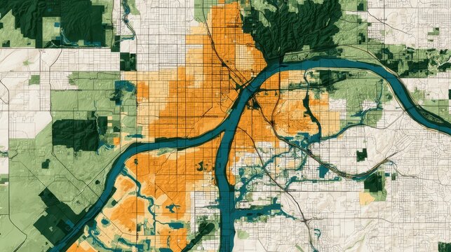 A detailed geographic map showcasing land usage and water features.