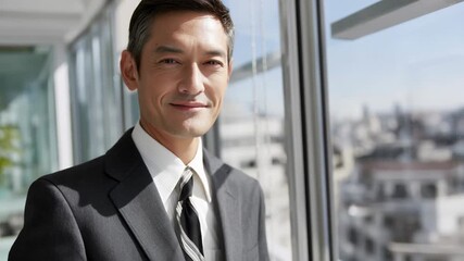 Confident businessman office portrait in suit and tie standing by window with cityscape view, professional executive smiling in warm natural light - Powered by Adobe