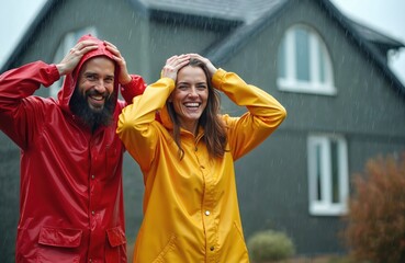Smiling couple enjoys rainfall wearing raincoats outdoors. Happy man and woman in colorful waterproof jackets walk together. People embrace fun, have good mood in the rainy day. Couple look cheerful.