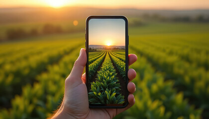 Person holds smartphone showing vast green soy field at sunset. Mobile device captures agricultural landscape. Man uses tech to photograph vast plantation at golden hour sun.
