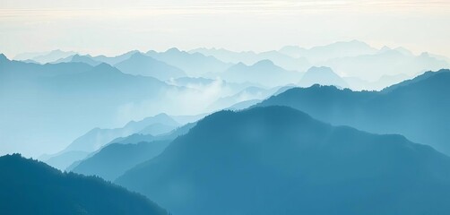 Fototapeta premium Ethereal washes of blues and greens evoke a serene, misty mountain range, art, fantasy