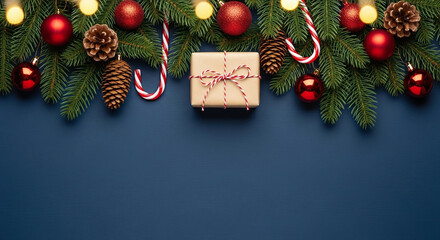 Festive christmas garland adorned with ornaments lights candy canes and a wrapped gift on a dark blue background
