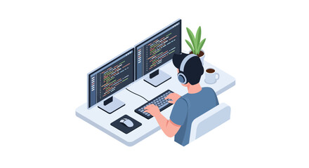 Focused programmer at dual monitors coding with headphones, perfect for tech startup, software development, and modern workspace concepts, originally scalable