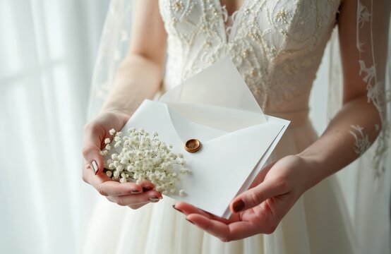 Bride holds white envelope with invitation or gift and tiny gypsophila flowers. Closeup shot of wedding attire with delicate lace details. Copy space for text.