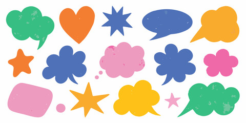 Collection of colorful hand drawn speech bubbles and shapes with a textured effect