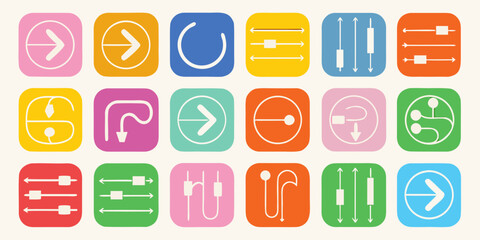 Collection of colorful abstract icons representing arrows sliders circuits and directional paths