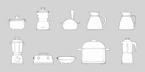 Collection of hand drawn kitchen appliances and cookware outlined on a gray background