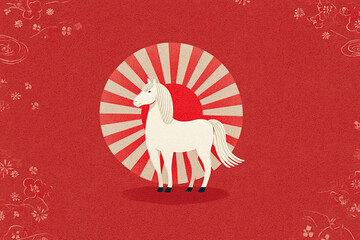 赤い背景の白馬イラスト