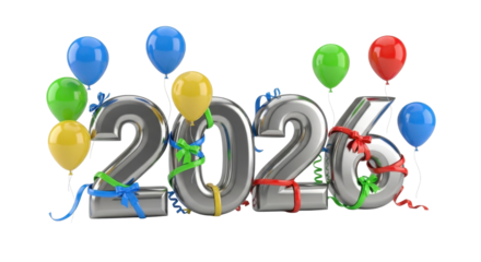 Silver foil balloons forming the number 2026 for a celebration.