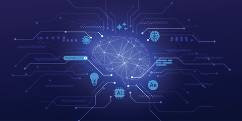 Agentic AI concept with a futuristic glowing brain and prompt interface. Vector illustration of autonomous agent technology and neural networks.