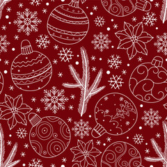 Christmas pattern with pine branches, pine cones and holly, snowflakes, and Christmas balls. Flat vector illustration. Festive design for wrapping paper, fabric, textiles, and greeting cards.