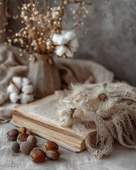 Aesthetic Boho Background with White Flowers, Chestnuts, and a Book on Wool Fabric in Soft Beige and Brown Tones