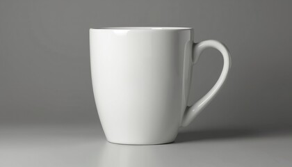 Obraz premium Plain white ceramic mug sits on a light gray surface against a soft gray backdrop. Its simple, clean shape and smooth finish suggest modern design and minimalist style.