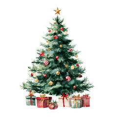 watercolor christmas tree and gifts