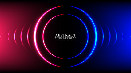 Abstract black background with central dual neon rings glowing in contrasting blue and magenta, with light waves radiating outwards