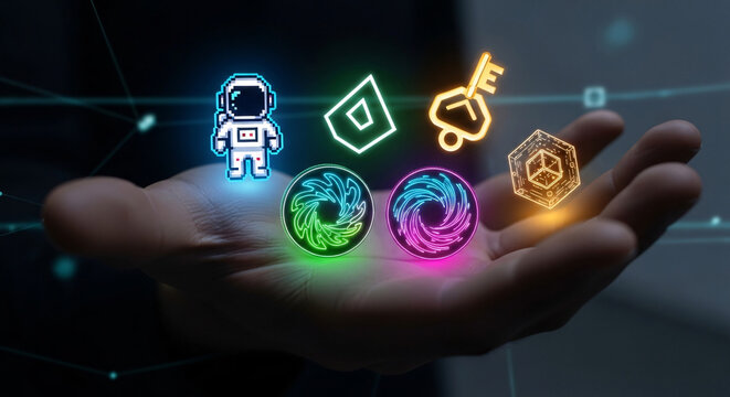 Digital Icons Floating Above Open Hand with Futuristic Network Background