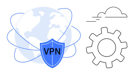 Globe wrapped in line orbit, shield marked VPN, gear, and cloud. Ideal for cyber security, data protection, networking, global connection, privacy cloud technology simple flat metaphor