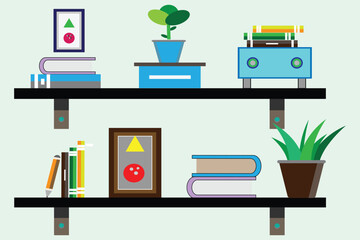 Illustration of two shelves with books, plants, and decorations against a light green background