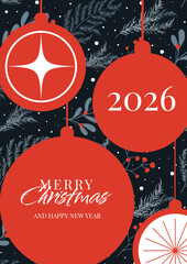 Colorful Christmas banner with text on hanging Christmas balls and on a beautiful seamless background of coniferous branches and red berries. Vector template for postcards, posters, flyers