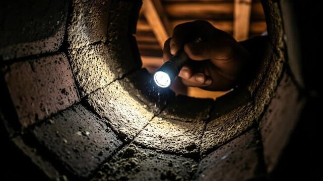 Hand holding a flashlight inspecting inside a dirty brick chimney for cleaning or repair work footage