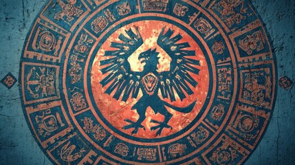 Close up of a circular illustration featuring a stylized eagle and various glyphs