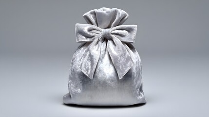 Elegant silver fabric bag with a decorative bow, showcasing luxurious texture and design, perfect for gift wrapping or stylish storage solutions in various settings