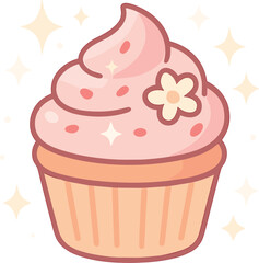 Adorable kawaii cupcake with pink frosting, sparkles, and a tiny flower decoration, illustrated in soft pastel tones for a sweet aesthetic.