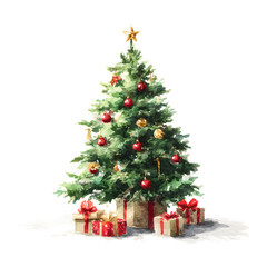 watercolor Christmas tree red and gold ornaments and gifts