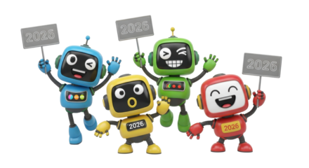 Enthusiastic Robots Holding Signs A Colorful Display of Futuristic Technology.