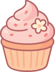 Adorable kawaii cupcake with pink frosting, sparkles, and a tiny flower decoration, illustrated in soft pastel tones for a sweet aesthetic.