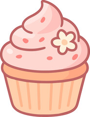 Adorable kawaii cupcake with pink frosting, sparkles, and a tiny flower decoration, illustrated in soft pastel tones for a sweet aesthetic.