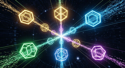 Abstract Geometric Network Connections with Glowing Neon Shapes and Data Streams