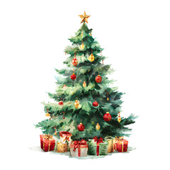 watercolor christmas tree and colorful gifts