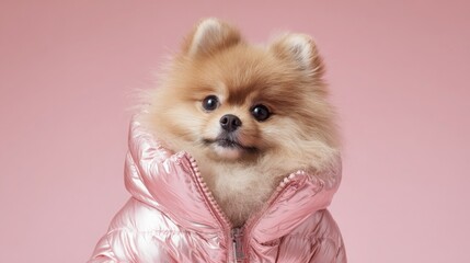 adorable pomeranian dog wearing shiny puffer jacket, light pink background, studio fashion portrait, clean and modern look