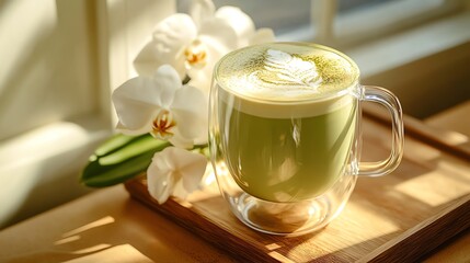 A closeup of a freshly brewed matcha latte in a clear glass mug