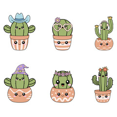 A collection of six adorable cartoon cactus characters in terracotta pots. This cute vector set is ideal for children's design, desert themes, or sticker packs with a fun, cheerful style.