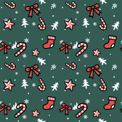 A cute, seamless vector pattern featuring cartoon Christmas icons on a dark forest green background. This simple, fun, and festive design is perfect for holiday wrapping paper or fabric print.