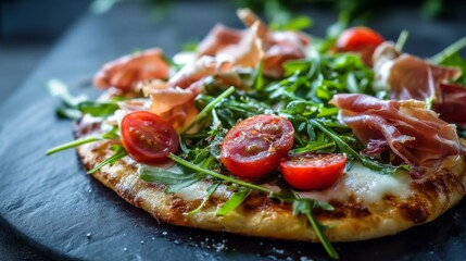 Freshly Baked Pizza with Cherry Tomatoes, Prosciutto, and Arugula on a Rustic Slate Board for Gourmet Culinary Experiences