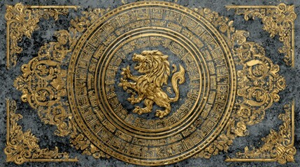 Decorative image features a golden lion emblem surrounded by ornate circular design