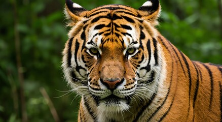 Close-up of a majestic tiger face looking directly at viewer with intense green eyes. Wildlife conservation and animal powerful predator concept.
