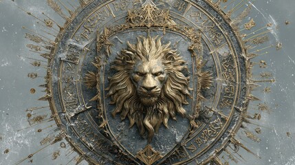 Close up of a decorative lions head emblem with ornate design elements