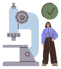 Woman in casual attire stands beside a large microscope, symbolizing science and discovery, with a green checkmark suggesting success. Ideal for innovation, research, education, exploration, biology
