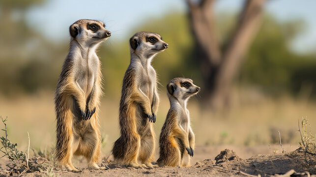 Fototapeta A family of meerkats standing guard in the African savanna.
