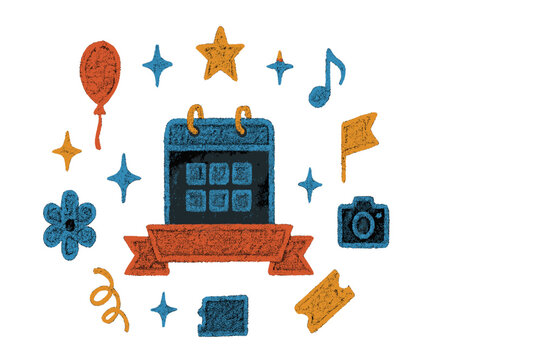 Creative design featuring colorful icons related to events, celebrations, and planning