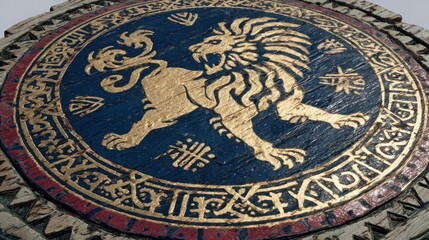 Close up of a shield featuring a golden lion emblem on a blue and wooden surface