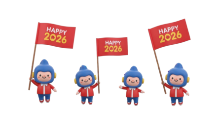 Four cartoon characters holding flags celebrating the year 2026 with joy and happiness.