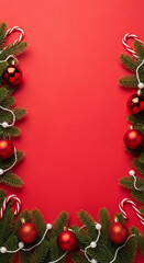 Festive christmas garland with ornaments and candy canes on a vibrant red background