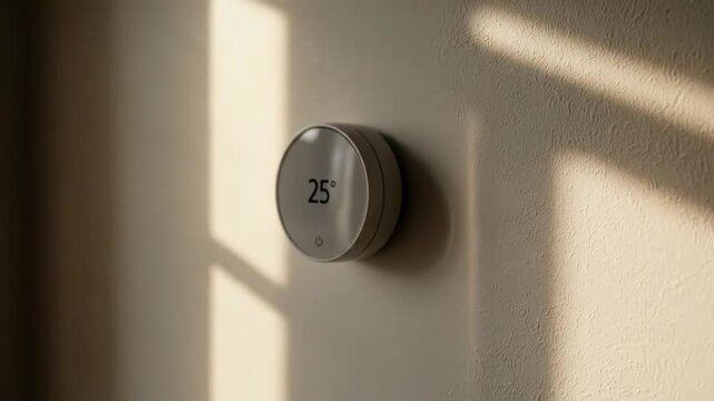Smart thermostat showing 25 degrees celsius on a wall, depicting modern home climate control and energy efficiency footage